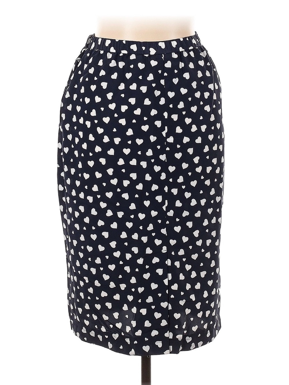 Vintage 90s Leslie Fay Silky Navy Midi Pencil Skirt with White Heart Print - Picture 2 of 3